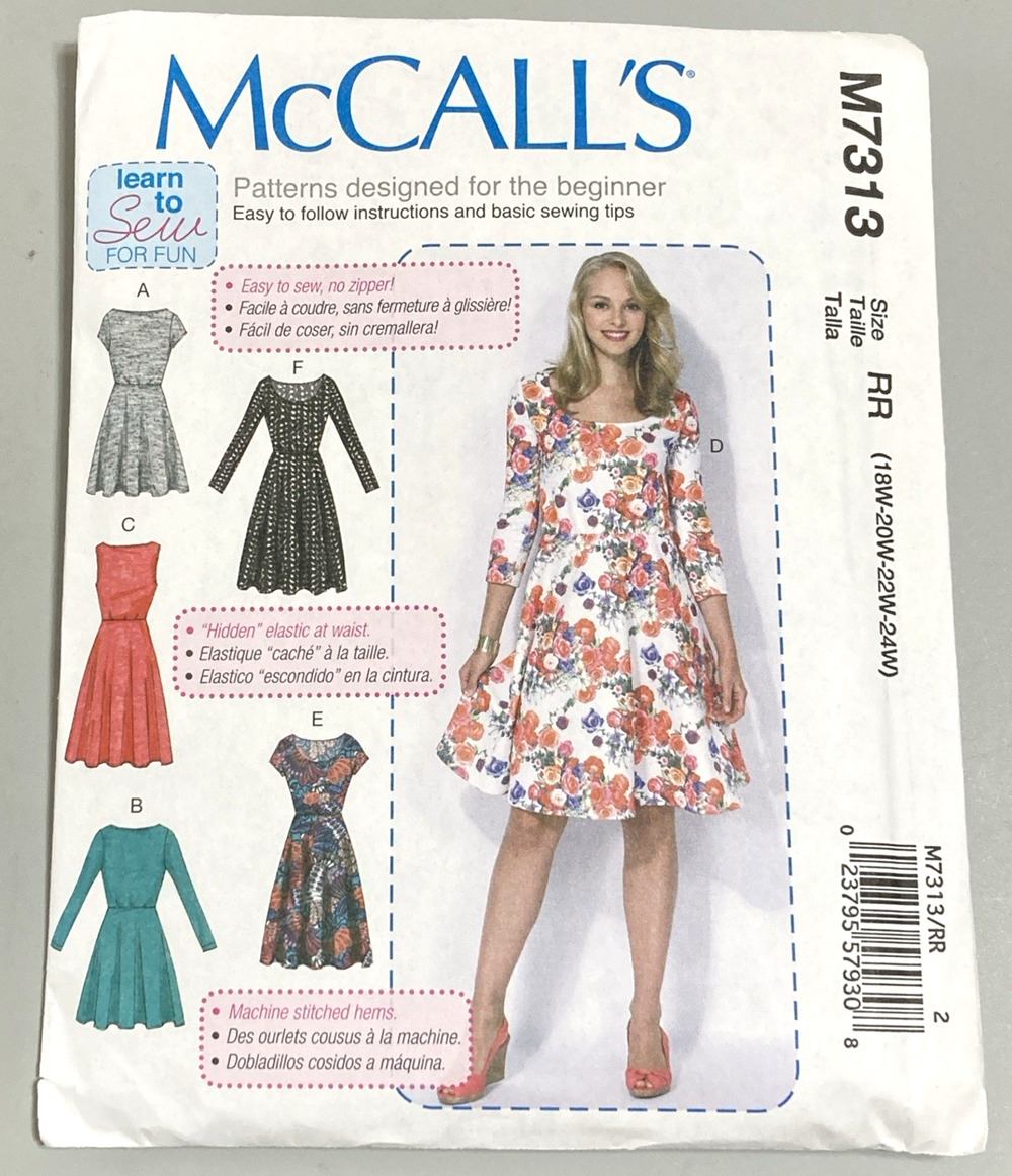 McCall M7313 Pattern Learn to Sew for Fun Sleeve/Necklines 18W-24W Dress UNCUT